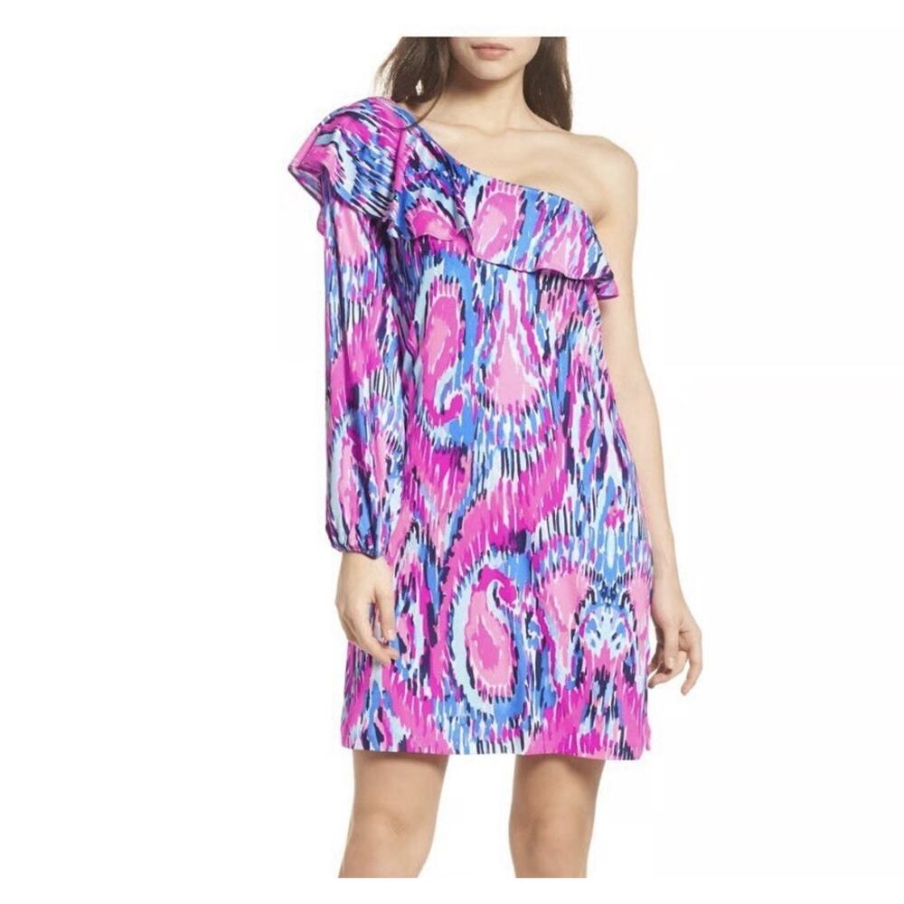 Lilly Pulitzer Amante Silk Jersey Dress Size L Free Spirit One-Sleeve Resort NWT